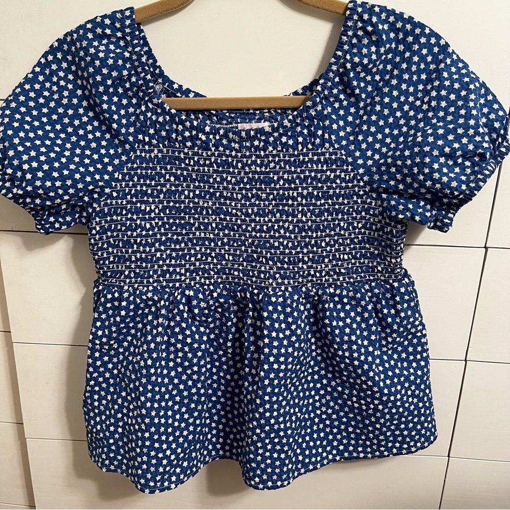 Cat & Jack Girls Blue and White Stars Puff Sleeve Smocked Peplum Blouse Size XL